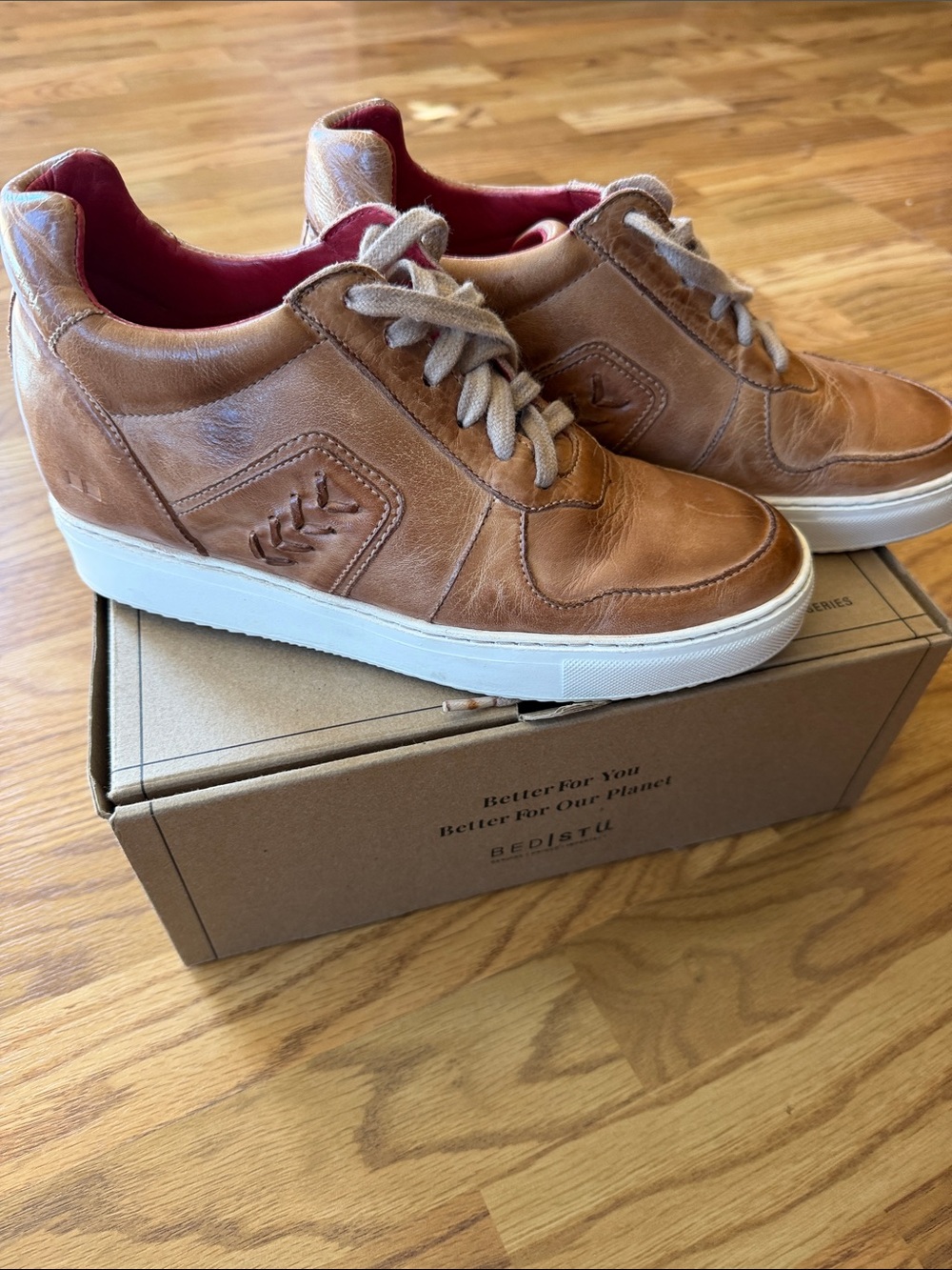 BED|STU Tan Leather Sneakers with White Sole and Red Lining